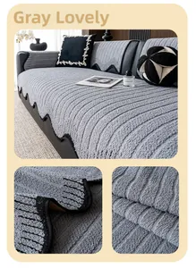 Macro detail of grey velvet sofa cushion fabric with textured stripes and wavy edges