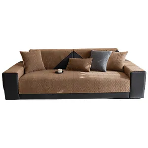 Thickened chenille sofa cover with herringbone pattern in coffee brown color