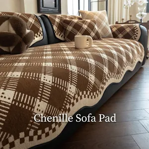 Checkerboard Chenille Sofa Cushion Non-Slip Plaid Sofa Cover With Wavy Edge Four Seasons Universal Furniture Protector For Living Room