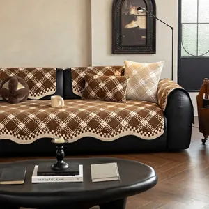 Minimalist chenille checkered sofa cover with wavy edges in brown and beige tones