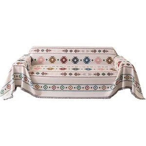 Bohemian geometric woven cotton sofa throw blanket with colorful patterns and fringe