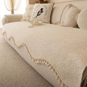 Chenille Sofa Cover Pom Pom Tassel Scalloped Edge Anti Slip Sectional Sofa Cushion Living Room Minimalist Soft Furniture Protector