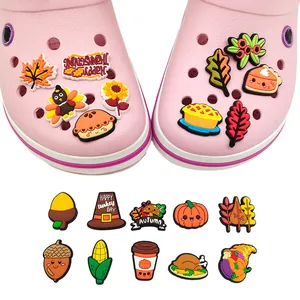 Thanksgiving themed PVC shoe charms set featuring turkey and pumpkin designs for clogs
