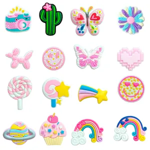 Cute PVC Shoe Charms For Clogs DIY Decoration Accessories Kawaii Butterfly Rainbow Camera Cactus Shoe Buckles For Women Girls Gift