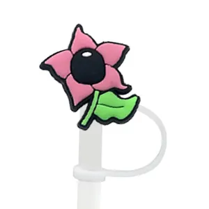 Pink floral silicone straw cover cap for 8-10mm Stanley cup straws with green leaf detail