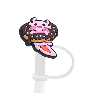 Macro shot of pink axolotl donut silicone straw topper with clear white ring base