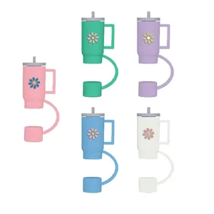 5-color silicone straw cover and boot set with daisy pattern for Stanley tumbler