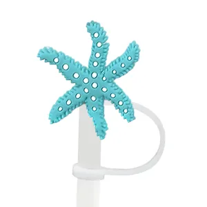 Starfish straw cover cap for Stanley cup, blue silicone dust protector with texture