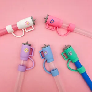 5pcs silicone straw covers with flower patterns for 10mm tumblers, multiple vibrant colors