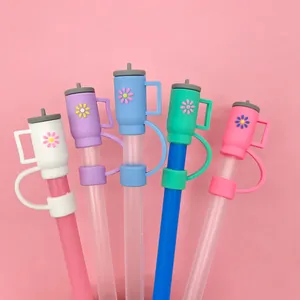 10mm Silicone Straw Cover Cap Mini Cup Shape Dust Plug Reusable Straw Topper With Flower Pattern For Large Tumbler Cups Accessories