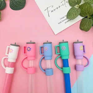 Set of 5 colorful 10mm silicone straw covers in mini bottle shape with daisy patterns