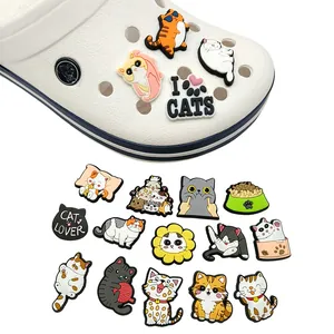 18-piece cute PVC cat shoe charms set for DIY clogs featuring orange cats and sunflowers