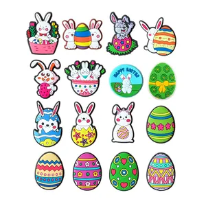 16pcs Easter PVC shoe charms set featuring colorful rabbits and eggs for garden clogs
