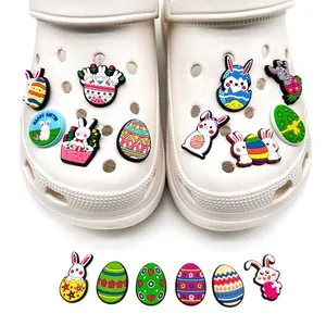 Easter PVC shoe charms set featuring colorful rabbits and painted eggs for DIY clogs