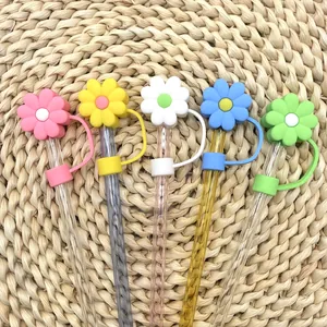 Five colorful flower silicone straw covers with anti-lost rings for Stanley cups