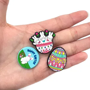 Three-piece Easter PVC shoe charms set featuring bunnies and colorful egg accessories