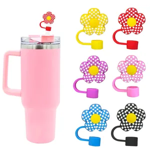 Silicone Straw Cover Cap Flower Shape Checkerboard Pattern Dustproof Reusable Drinkware Accessory For Cup Straw Plug