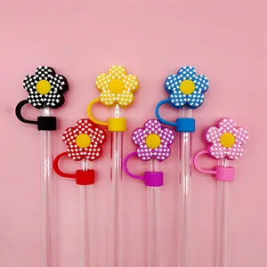 6-piece colorful 3D checkered flower silicone straw covers for 10mm Stanley tumblers
