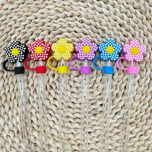 Set of 10mm 3D silicone straw covers with colorful checkerboard sunflower designs