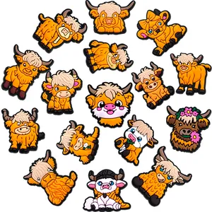 15-piece set of cartoon Highland Cow PVC shoe charms for clog decoration accessories