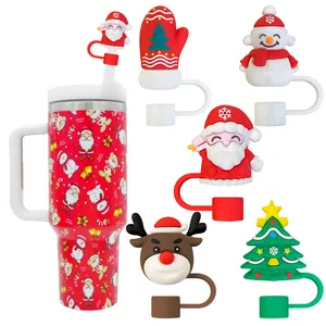 Silicone Christmas Straw Toppers For Drinking Straws Santa Claus Snowman Reindeer Tree Dust Proof Plug Decorative Accessories