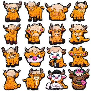 Cartoon Highland Cow Shoe Charms For Clogs PVC Soft Rubber Decorative Shoe Buckles Accessories For Garden Shoes