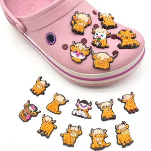 15-piece set of cartoon Highland Cow PVC shoe charms for garden clogs decoration