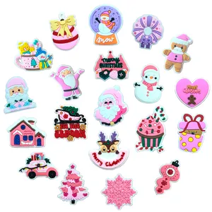 Set of 20 pink Christmas PVC shoe charms for garden clogs with Santa and tree motifs