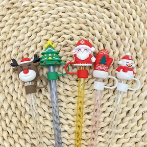 5-piece set of Christmas silicone straw toppers including reindeer, santa, and snowman