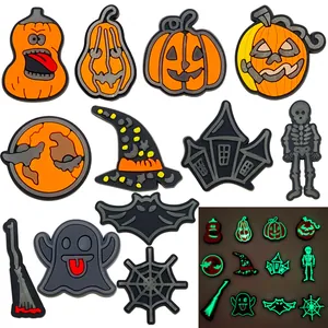 Glow in the dark Halloween PVC shoe charms set with pumpkin and skeleton motifs