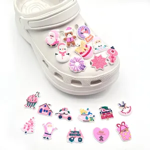 Pink Christmas PVC charms set for clogs featuring Santa, snowman and gingerbread man designs