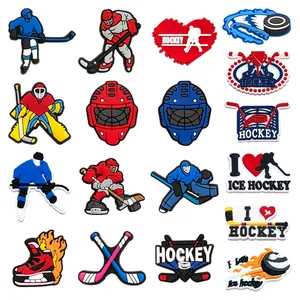 Hockey Sports Theme Shoe Charms PVC Decoration For Clogs Sandals Hockey Player Helmets Sticks Charms Accessories