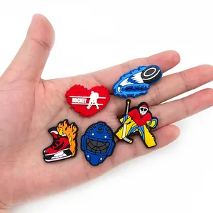 5-piece PVC hockey shoe charms set with player, goalie, skates and puck for clog sandals
