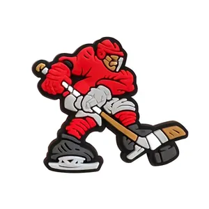 Detailed PVC ice hockey player shoe charm with red jersey for clogs decoration