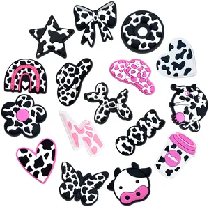 15-piece cartoon cow theme PVC shoe charms set with black pink cow print for clog decoration