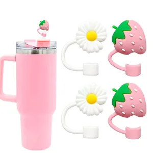 Silicone Straw Covers Cute Strawberry Daisy Pattern Dust-Proof Straw Plugs Decorative Drinking Straw Caps For Large Straws