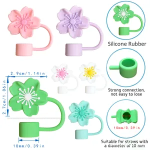 Juego de fundas de silicona de flor de cerezo con tapones de 10mm para pajitas Stanley