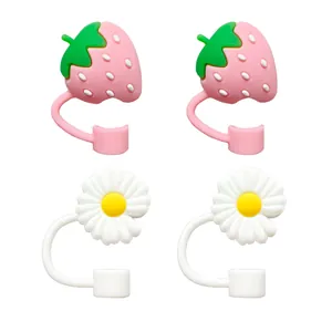 4-pack cute strawberry and daisy silicone straw toppers for tumblers and straw dust protection