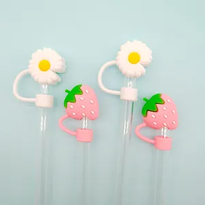 Cute strawberry and daisy silicone straw covers for 10mm tumblers, dustproof set