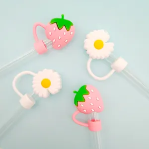 Cute strawberry and daisy silicone straw covers for dust protection on clear straws