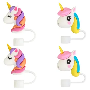 Set of four cartoon unicorn silicone straw toppers in 10mm size for dust protection