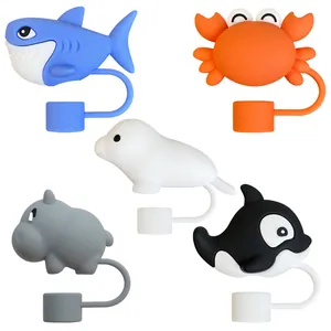 5-piece ocean animal silicone straw covers set for 10mm cups including shark and crab