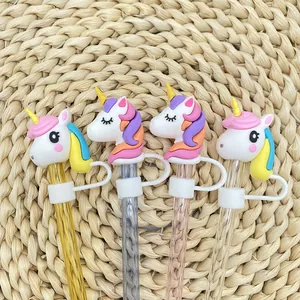Set of four colorful cartoon unicorn silicone straw toppers for 10mm tumblers
