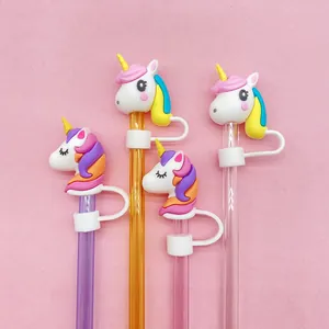 Set of four 10mm cartoon unicorn straw covers and colorful straws for Stanley tumblers