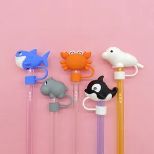 Five cute marine animal silicone straw covers for 10mm cups featuring shark and crab designs