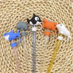 5-pack ocean animal straw covers for Stanley cups featuring shark, hippo, and crab designs
