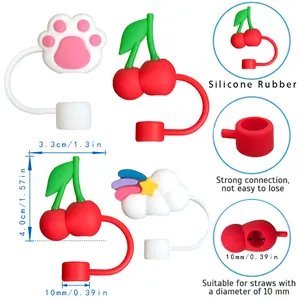 Cute 10mm silicone straw covers featuring cat paw, cherry, and rainbow cloud designs