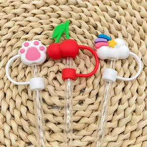 Cute 10mm silicone straw covers featuring cat paw, cherry, and rainbow star designs