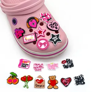 Y2K style pink PVC shoe charms set including hearts and stars for clogs decoration