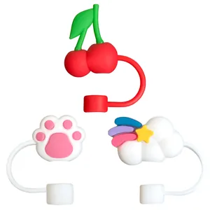 3Pcs cute silicone straw covers with cherry, cat paw and cloud shapes for Stanley cups